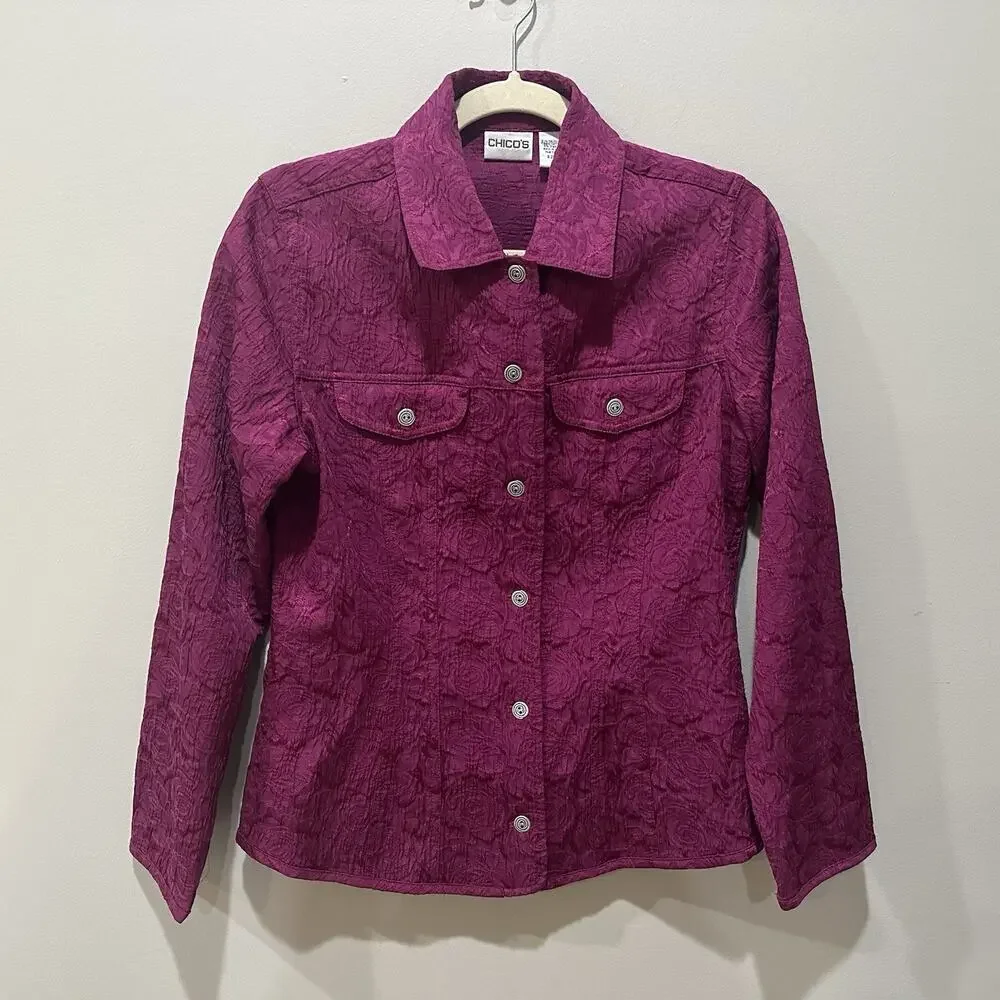 Chico's‎ Textured Magenta Rose Swirl Jacket Shirt Button Up Sz Small
